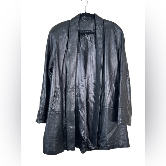 Vintage Jaqueline Ferrar Black Leather Long Line Coat Womens M Grunge Goth